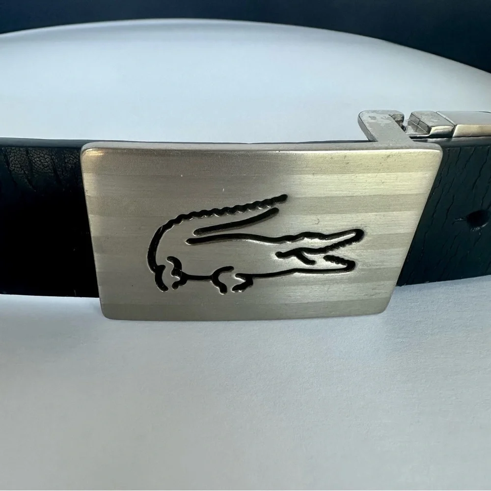 Lacoste Mens Reversible Black And Brown Leather Belt Size 34 Silver Buckle Croc